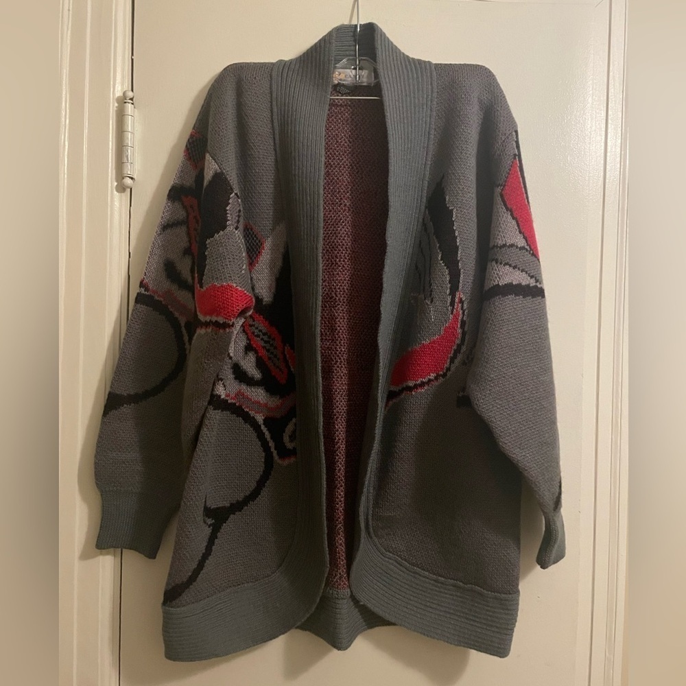 Vintage Camela 100% Wool Open Front Abstract Design Cardigan Sweater Siz…